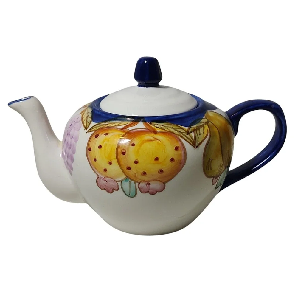 BIA Cordon Bleu International Teapot with Lid Hand Painted Fruit Blue Trim SEE‎